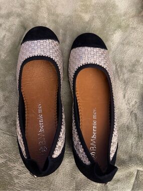 Bernie Mev  . Silver Woven Ballet Flats with Black Suede Trim